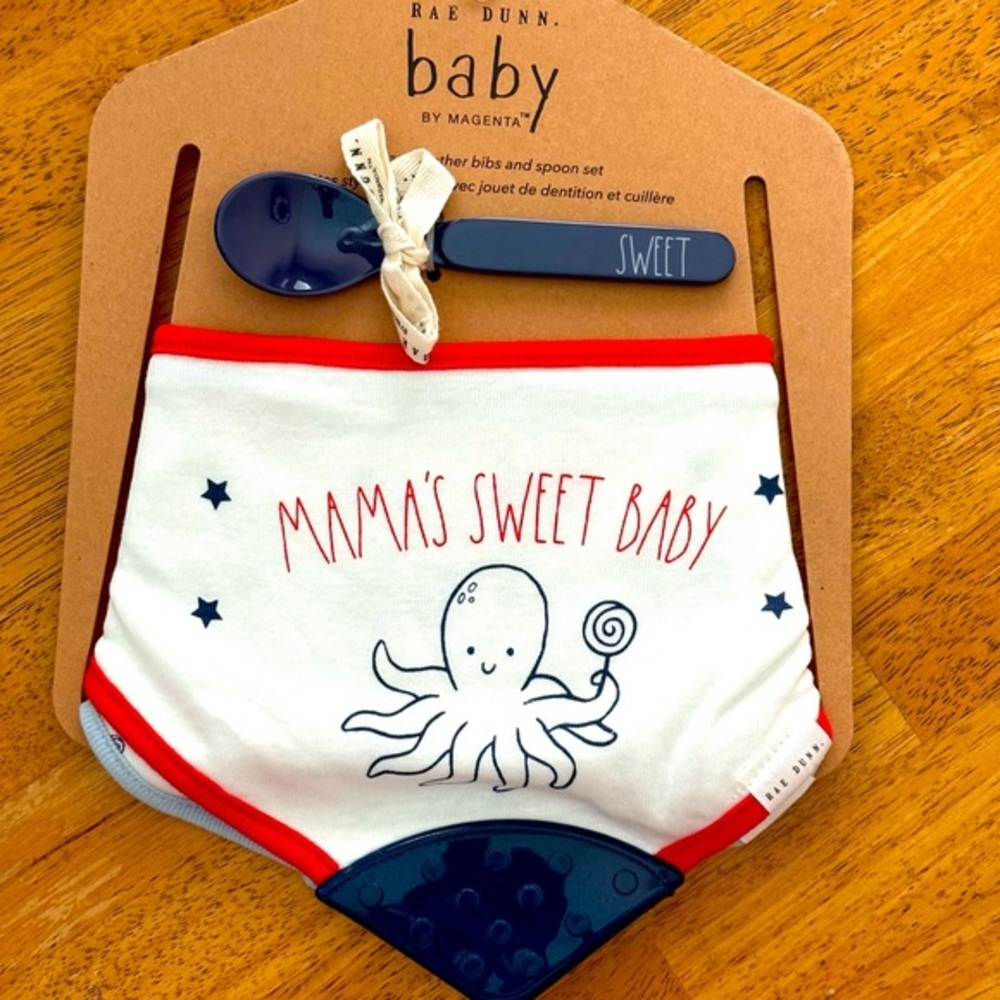 Rae Dunn MAMA'S SWEET BABY Bandana Teether Bibs and Spoon Set Brand New!